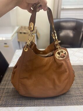Michael Kors Brown Pebbled Leather Shoulder Hobo with Gold-Tone Hardware
